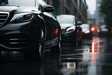 Close-up of luxury black cars parked on a wet city street after rain. Urban transportation and automotive concept.