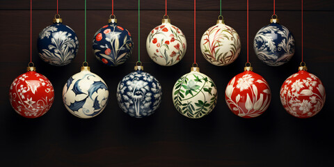Close-up of various decorated Christmas ornaments with intricate golden patterns on a dark background. Holiday decoration and winter season concept.