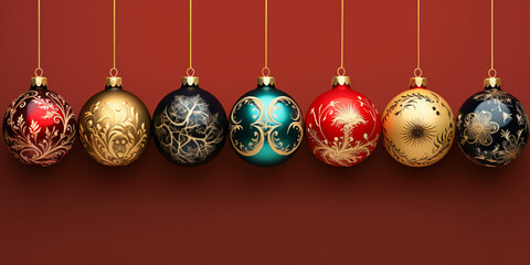 Close-up of various decorated Christmas ornaments with intricate golden patterns on a dark background. Holiday decoration and winter season concept.