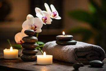 Close-up of spa setting with stacked black stones, lit candles, rolled towel, and white orchids. Relaxation and wellness concept