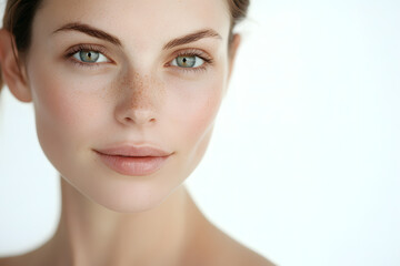 Obraz premium Beautiful young woman with clean fresh skin on white background. Face care, Facial treatment concept
