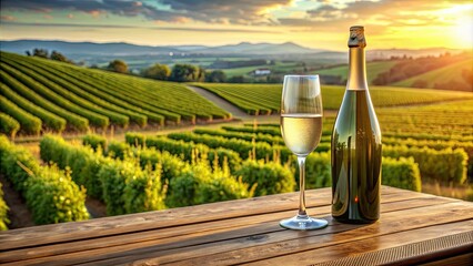 Champagne bottle and flute on table with vineyard background in Empord?, Catalunya , celebration, sparkling wine, summer