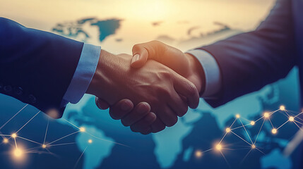Two business people are shaking hands over a network connection