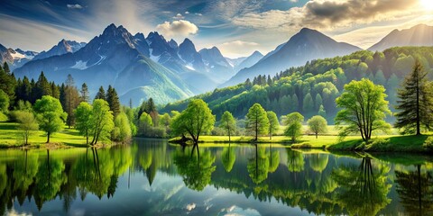 Fototapeta premium Beautiful serene landscape with lush green trees and majestic mountain ranges , nature, scenery, peaceful