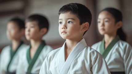 Fototapeta premium Focused child in martial arts attire practicing concentration and discipline in a traditional dojo setting.