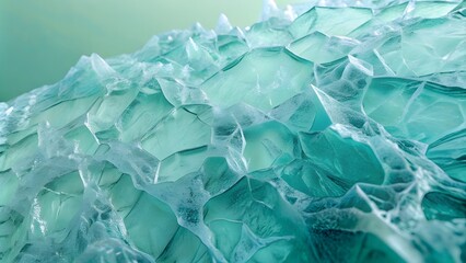 Obraz premium Closeup of an ice surface with intricate patterns and textures. Light green background backdrop. Frost-inspired wallpaper featuring blue and turquoise.