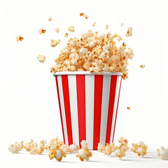 Popcorn overflowing from a striped bucket with hot sauce splashing, isolated on white background. Snack and cinema concept