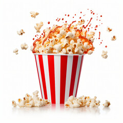 Popcorn overflowing from a striped bucket with hot sauce splashing, isolated on white background. Snack and cinema concept