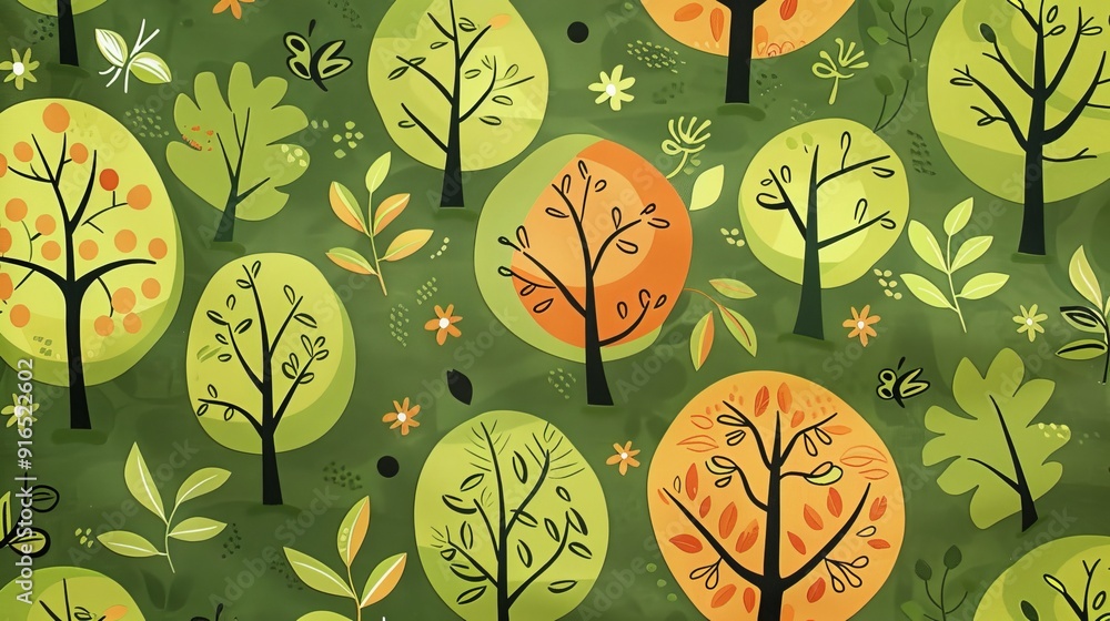 Poster green background with happy tree and leaf pattern