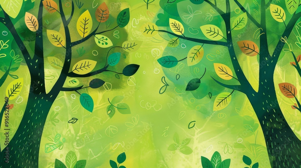 Poster green background with happy tree and leaf pattern
