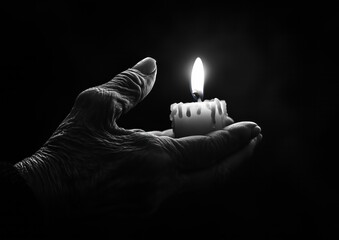 Black and white photography of an old woman's hand holding a candle, dark background with light coming from the flame. The photograph is in the style of a minimalist portrait. 