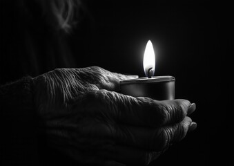 Black and white photography of an old woman's hand holding a candle, dark background with light coming from the flame. The photograph is in the style of a minimalist portrait.