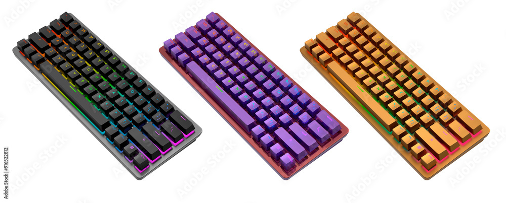 Poster collection of mechanical keyboards isolated on white background with clipping path. 3d rendering of 
