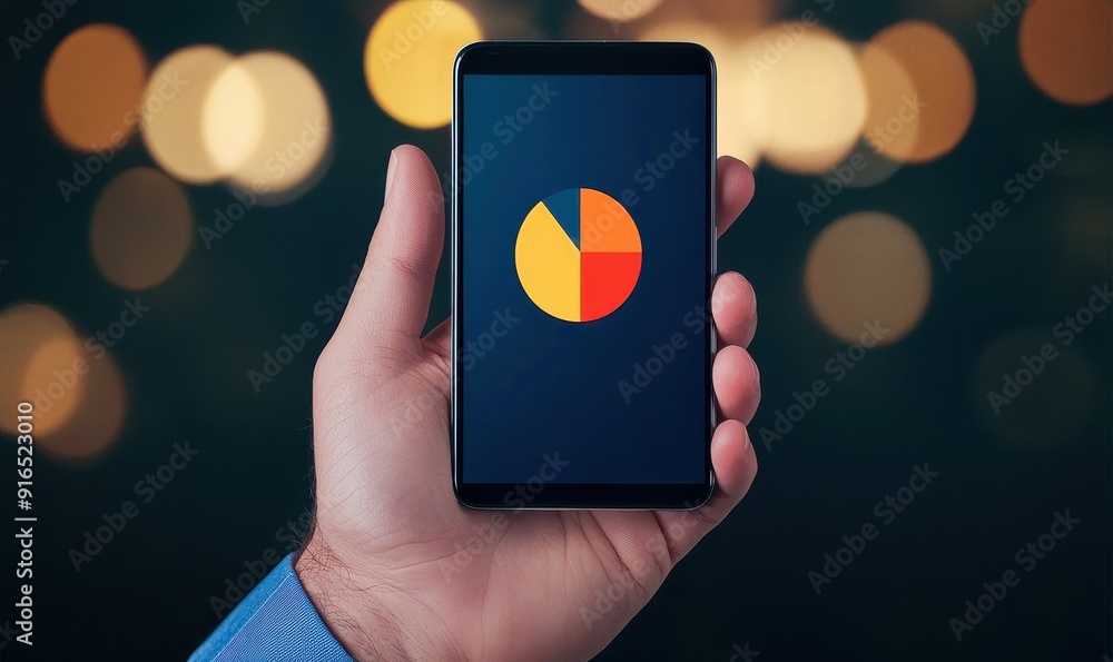 Poster a hand holds a smartphone displaying a vibrant pie chart logo against a blurred background, symboliz