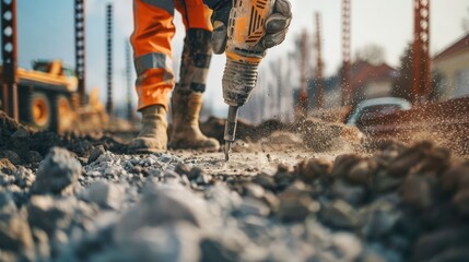 A construction worker skillfully handling a pneumatic drill, breaking through concrete with precision and expertise.