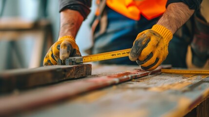 A construction worker using a tape measure to ensure accurate dimensions for a new project.