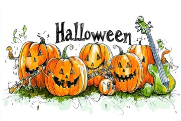 A cheerful group of carved pumpkins playing musical instruments for Halloween celebration