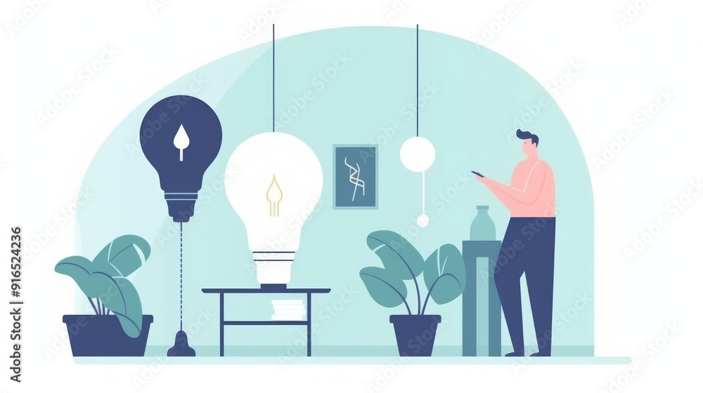 Poster a man is standing in front of a table with a light bulb on it
