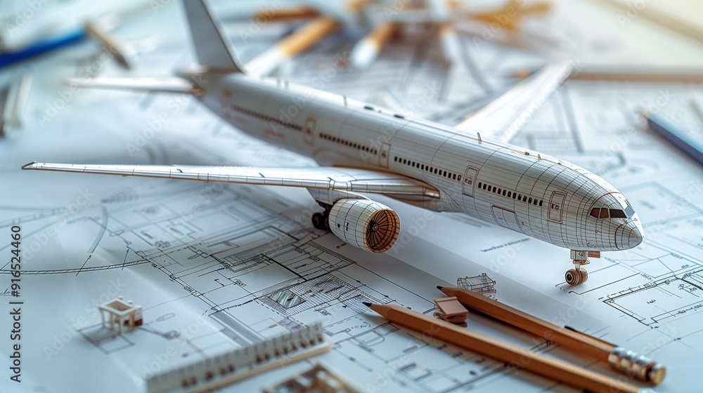 Poster airplane prototype on engineering blueprints. prototype airplane model sits on detailed engineering 