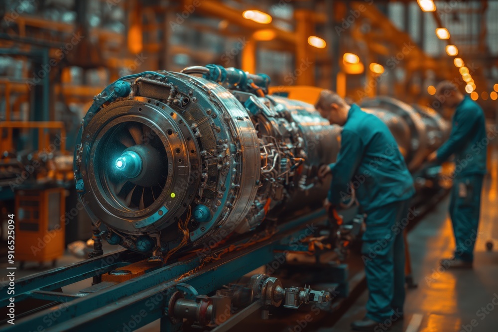 Poster engineers working on aircraft engine assembly. two engineers are assembling an aircraft engine in an