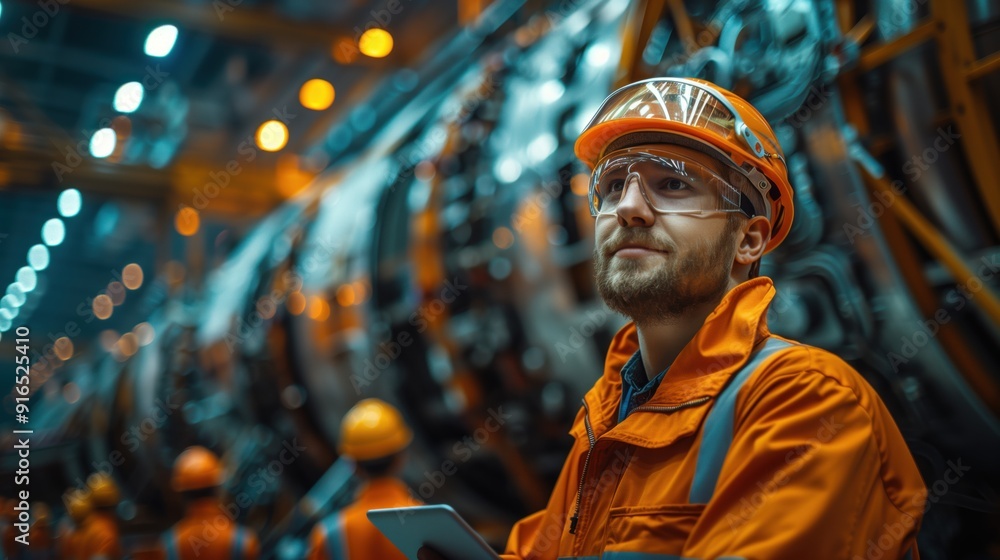 Aufkleber engineer inspecting jet engine components. engineer with a tablet inspects components of a jet engin