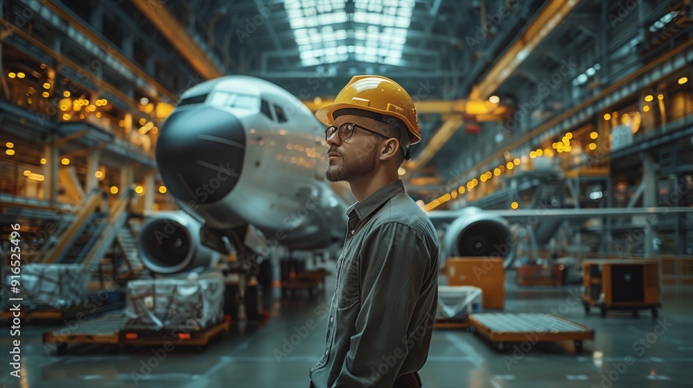 Aufkleber engineer in front of aircraft in hangar. engineer stands confidently in front of a large aircraft in