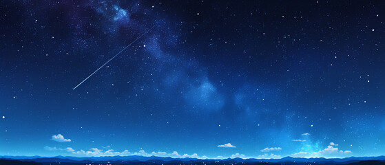 Naklejka premium A beautiful night sky with a bright star and a trail of light. The sky is filled with stars and the atmosphere is calm and peaceful