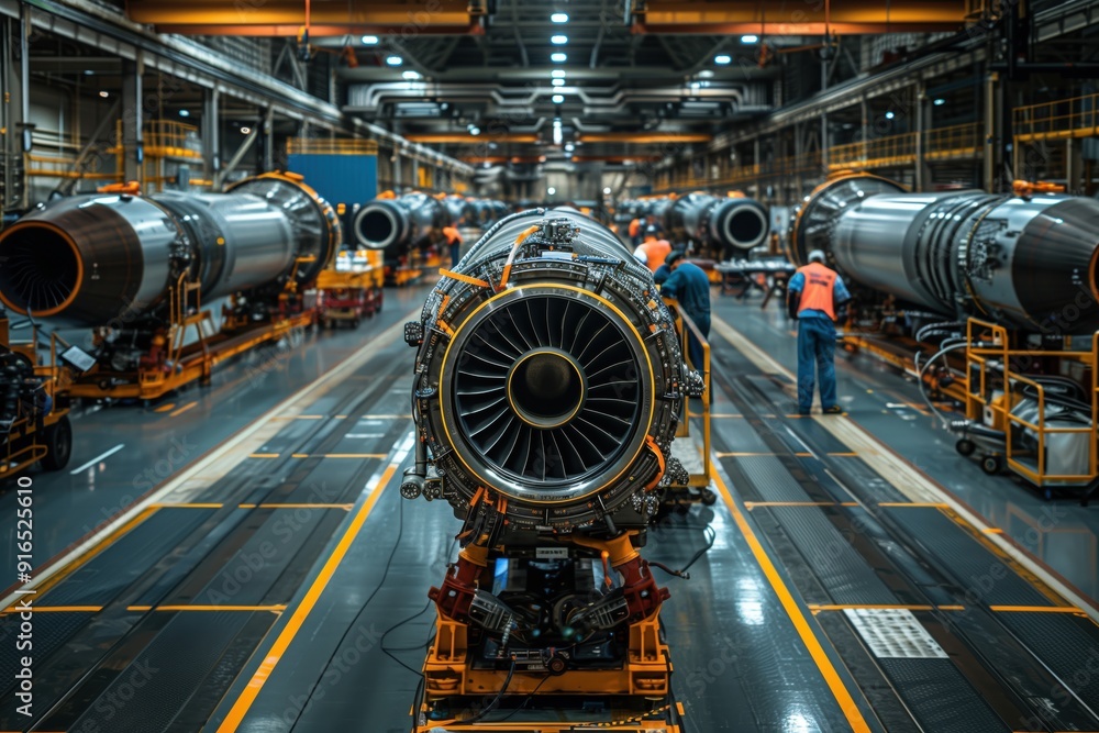 Poster jet engine in assembly line at factory. jet engine on an assembly line in a factory, surrounded by e