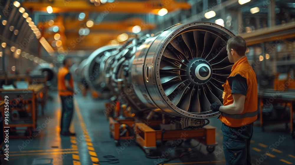 Poster engineer inspecting jet engine on assembly line. engineer inspects a jet engine on the assembly line