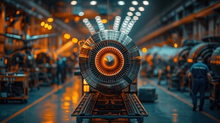 Jet Engine Manufacturing Process in Factory. Jet engine in the final stages of manufacturing at a factory, showcasing the advanced engineering and technology involved in aerospace production.
