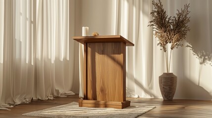 A compact wooden podium with a simple, clean design, suitable for small gatherings and intimate presentations.