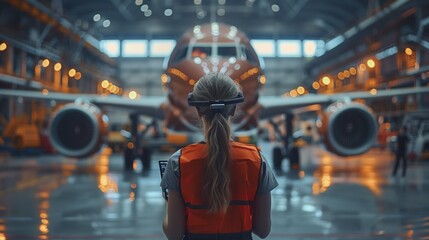Female engineer wearing a safety vest and headset supervises maintenance operations on an aircraft in an industrial hangar, ensuring all procedures are followed.