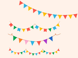 Hanging triangle garlands set. Carnival party colorful flags. Vector flat illustrations