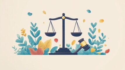 Minimalist Illustration of Democratic Symbols - Scales and Gavel in Creative Flat Design