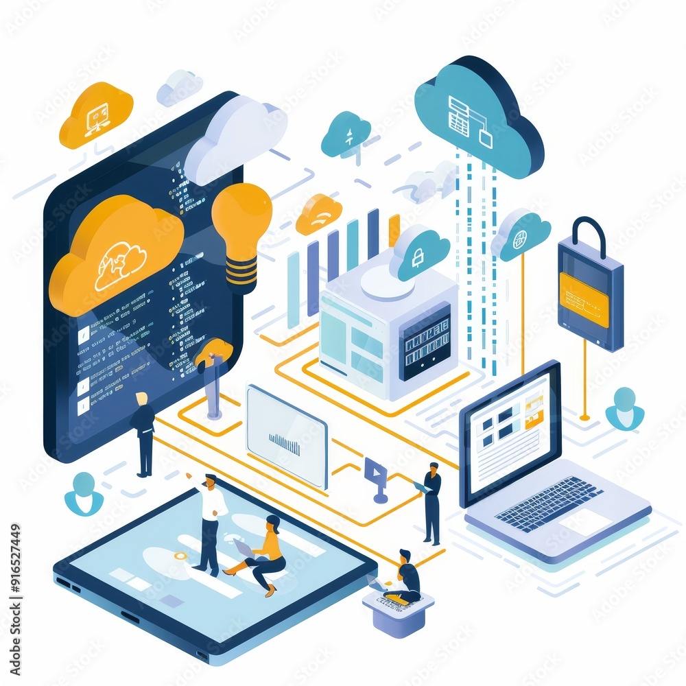 Poster an isometric digital illustration displaying the cloud computing concept featuring interconnected de