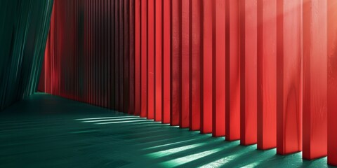 Artistic representation of red pillars juxtaposed against a green background, forming an abstract and geometric visual pathway.