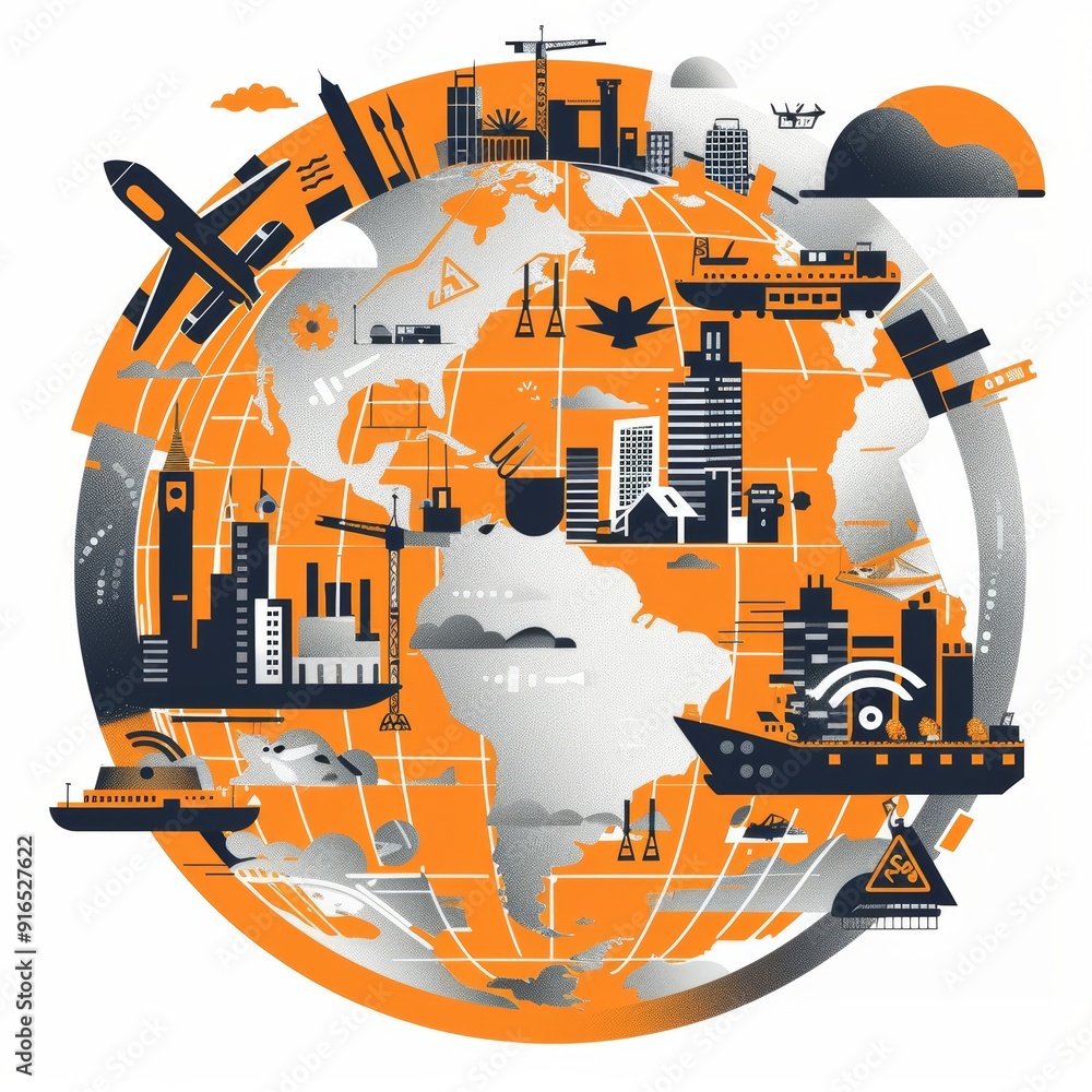 Poster illustration of various global infrastructure elements mapped on a globe, emphasizing the theme of w