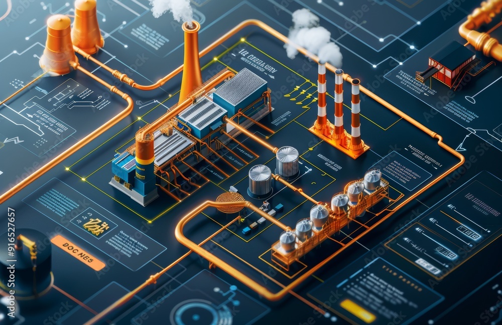 Poster a high-tech industrial facility blueprint showcasing machinery, pipelines, and automated systems des