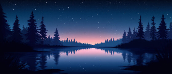 Early morning landscape, overlooking lake, forest and dark starry sky, anime style image, with copy space, for backgrounds and banners of various themes.