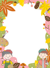 子供と芸術の秋のフレーム　紅葉　絵画