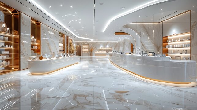 This image showcases an ultra-modern luxury showroom featuring sleek lines, sophisticated decor, and pristine marble flooring for an elegant aesthetic.