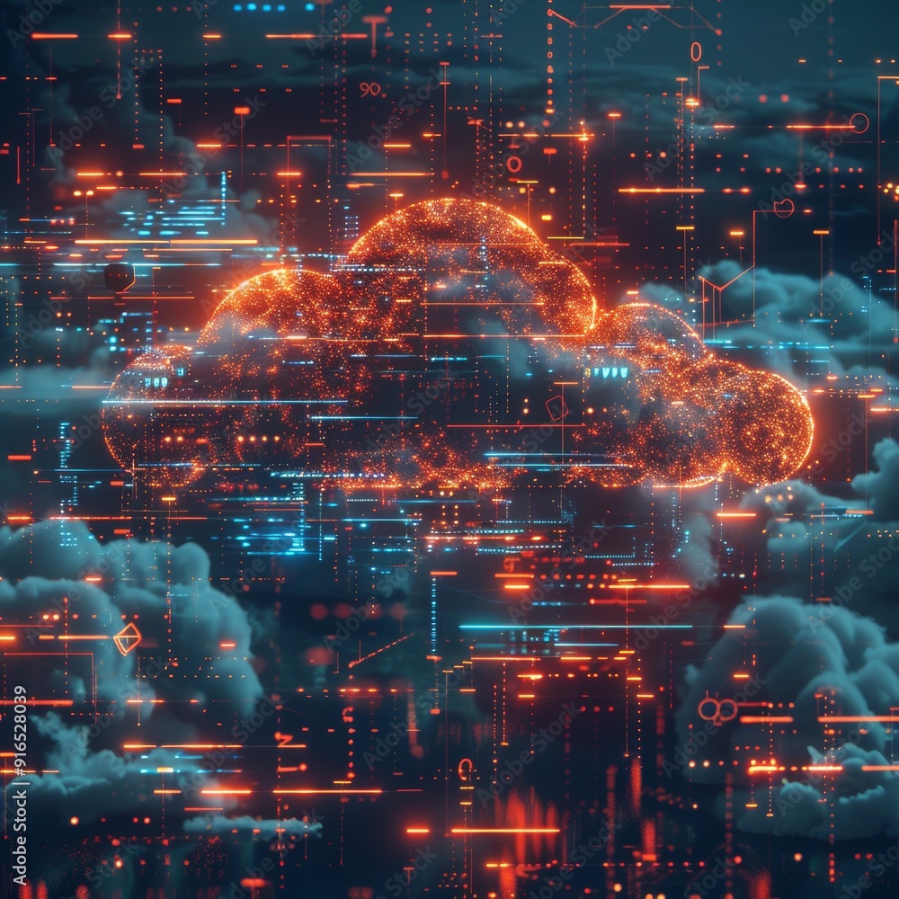 Poster a glowing cloud against a dark backdrop with digital elements, exemplifying the concept of cloud com