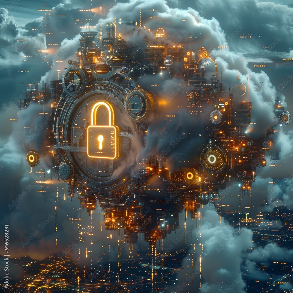 Poster a complex and secure tech cloud with a padlock symbol, surrounded by digital circuits and gears, set