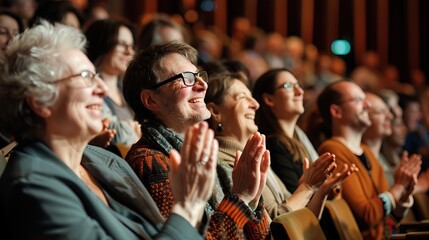 Diverse Audience Watching Performance Enthusiastically Clapping Standing Ovation Theater or Concert Hall Crowd Reaction Entertainment Event