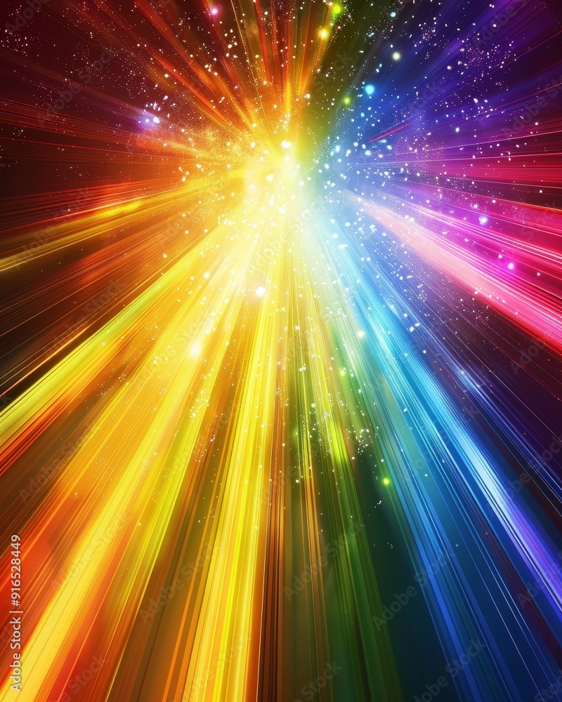 Poster a brilliant burst of multicolored light beams and sparkling particles creating a dynamic abstract sc