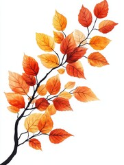 Fototapeta premium Autumnal Watercolor Branch with Orange and Red Leaves