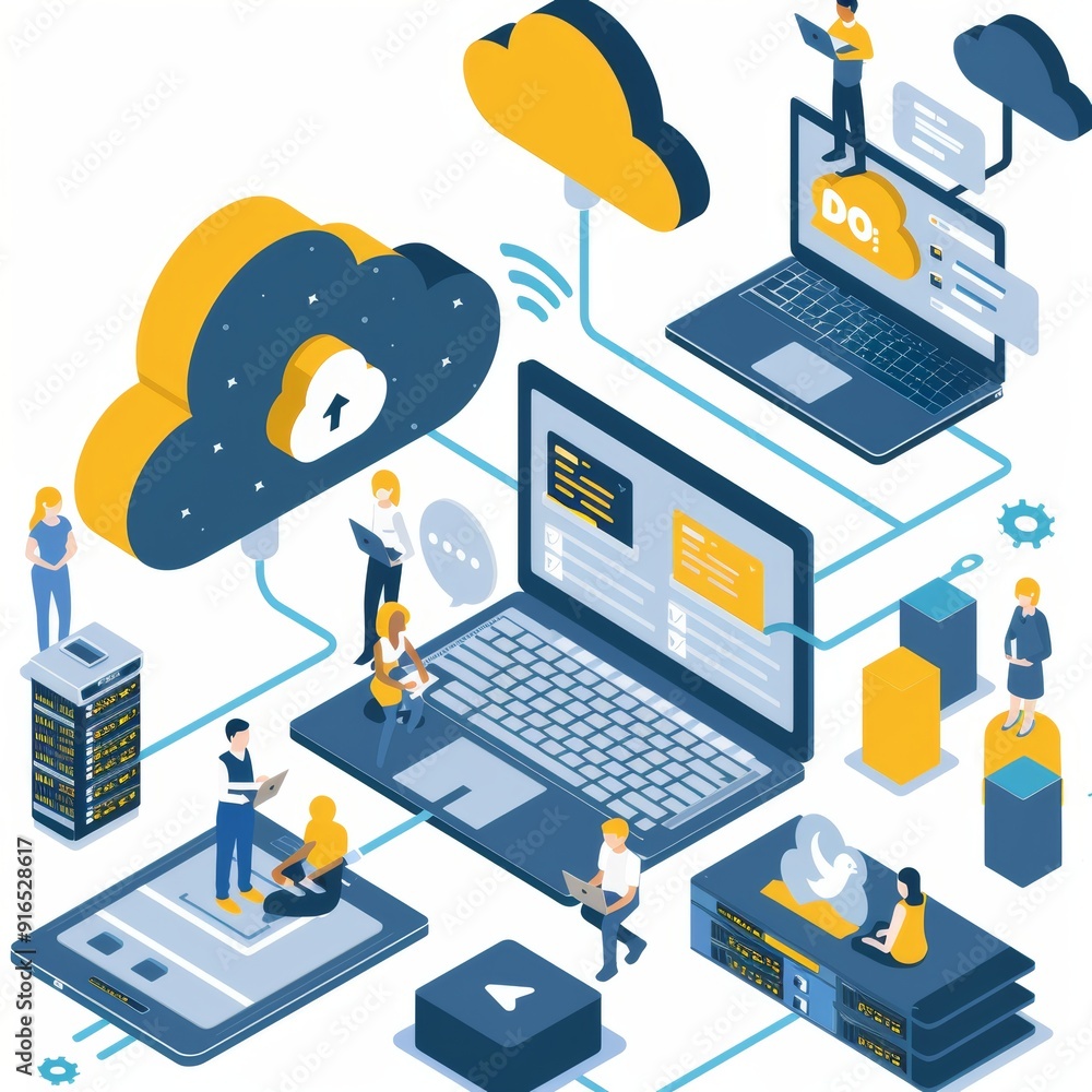Poster this isometric digital illustration showcases cloud computing and networking ideas with various peop