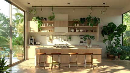 Design ideas for a sleek apartment kitchen, with gray and green tones. Generative AI.