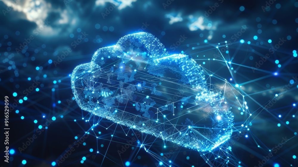 Poster a digital representation of a cloud formed by sparkling points symbolizing connectivity, data storag