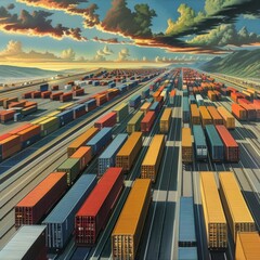 Fototapeta premium A massive array of colorful shipping containers neatly arranged in an expansive industrial port, highlighting modern logistics and global trade.